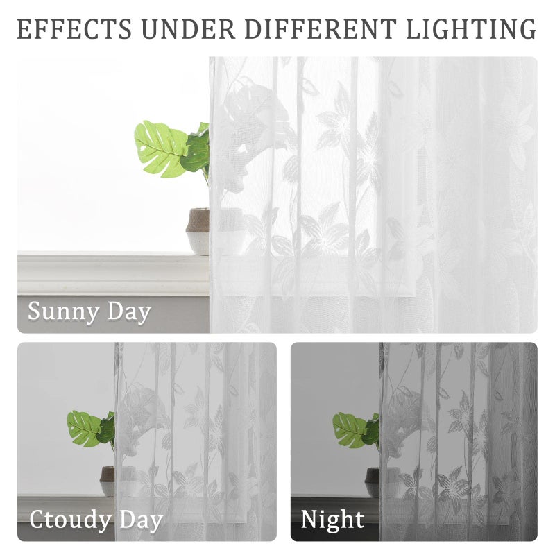 DWCN White Short Sheer Curtains for Kitchen - Floral Lace Design Rod Pocket Window Voile Sheer Drapes for Living Room Kitchen Short Curtains 42 x 45 inch Length, Set of 2, White - Image 5